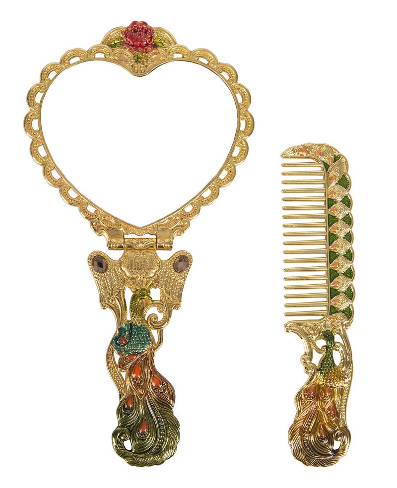 Nerien Antique Mirror Comb Set - Vintage Metal Embossed Rose Handheld & Tabletop Stand Makeup Mirror - Peacock Heart-Shaped - Gold - Image 3